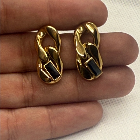 Stainless Steel Gold Tone Loop Earrings with Black Onyx - Picture 3 of 3